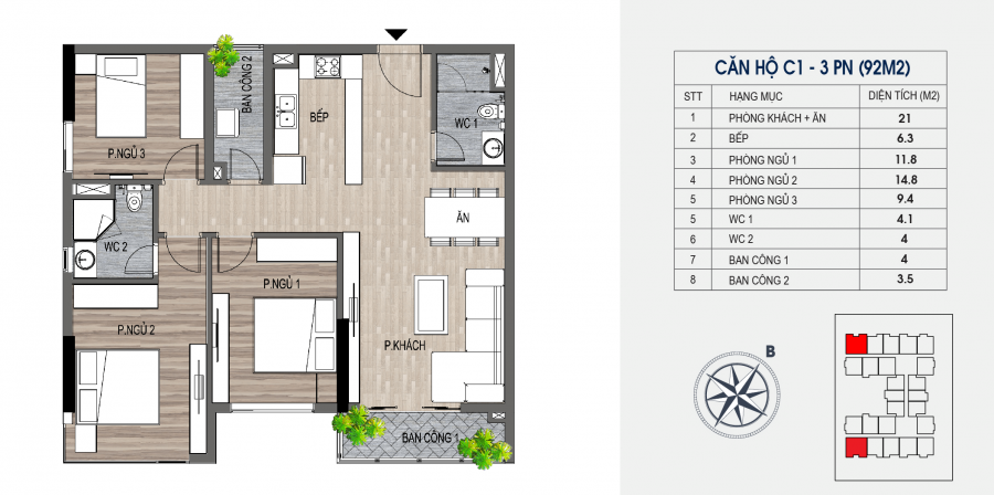 Thiết kế căn hộ 3 phòng ngủ, Lotus Central Bắc Ninh
